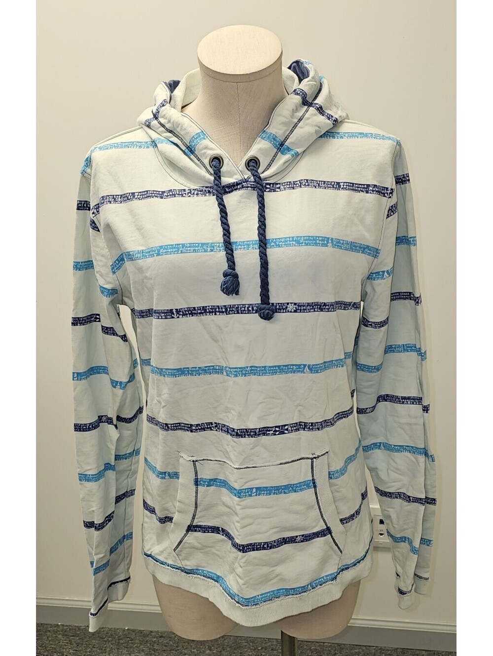 PARADISE SHORES Women's LARGE BLUE  Striped  Long Sleeve 100% Cotton Baja Hoodie